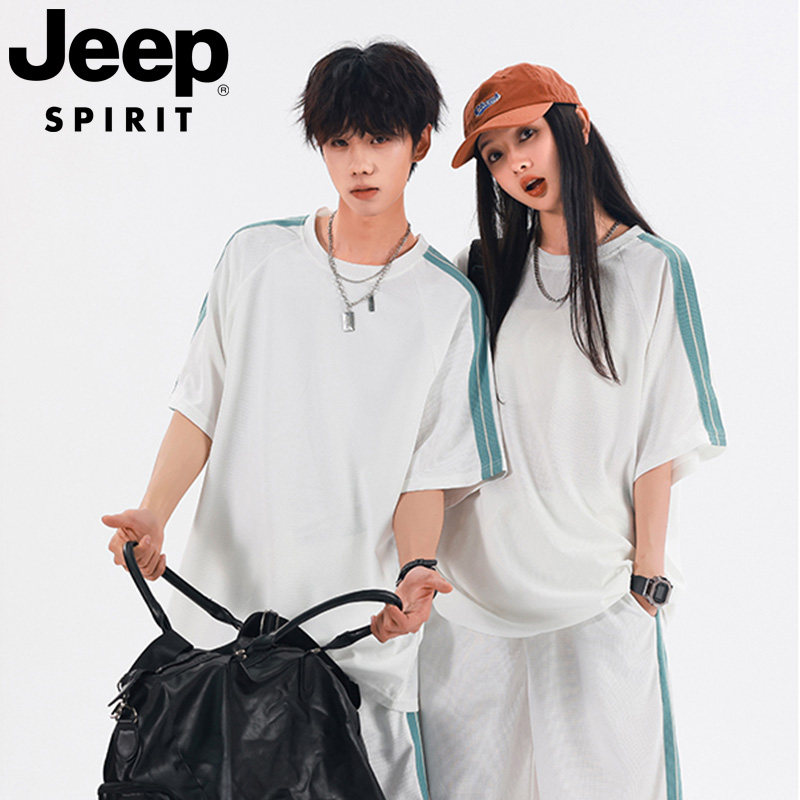JEEP SPIRIT 冰丝运动套装男夏三条杠短袖短裤情侣休闲透气两件套