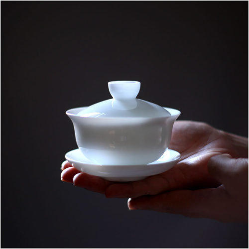羊脂玉盖碗大号单个玉泥陶瓷潮州功夫茶碗白瓷三才碗家用茶具老瓷