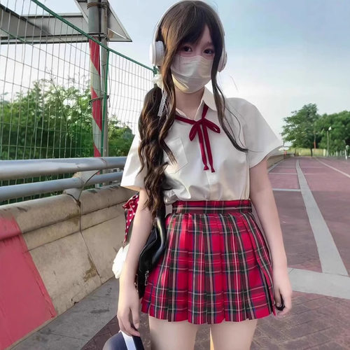 小辣椒格裙日系JK制服裙圣诞红色格裙校供感百褶裙高腰半身裙全套