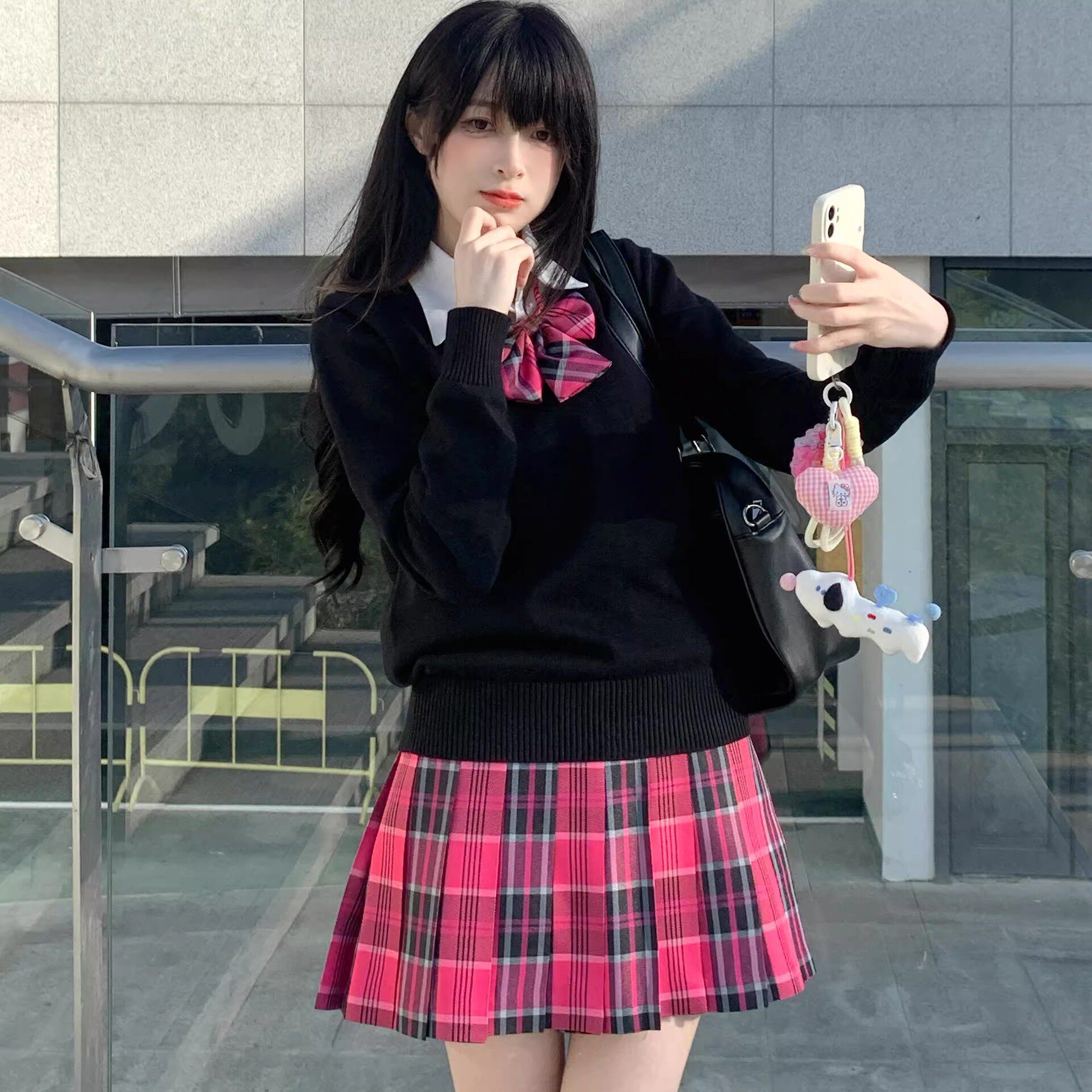 正版小玫格裙日系原创玫粉黑格百褶裙学院风JK制服裙甜辣短裙套装