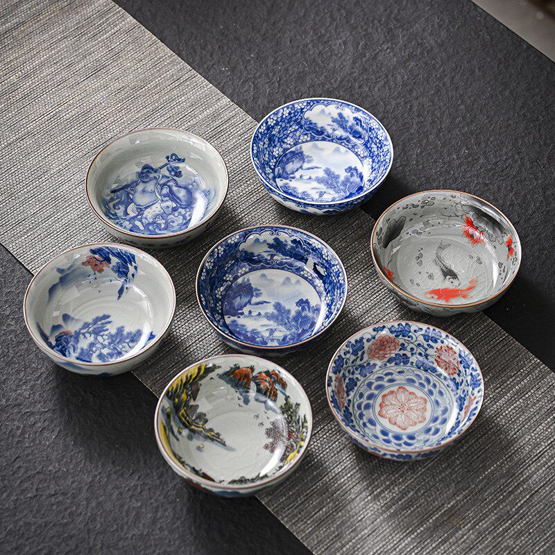 仿古典名画釉下彩青花陶瓷单茶杯功夫茶具家用品茗杯办公普洱杯子