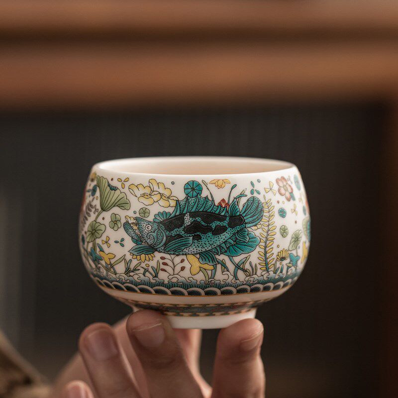 鑫裕源羊脂玉鱼藻纹主人杯茶杯陶瓷大号茶杯大容量茶碗单杯品茗杯