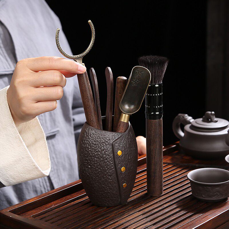 紫砂茶道六君子套装陶瓷功夫茶具配件黑檀木茶夹茶匙勺茶针养壶笔