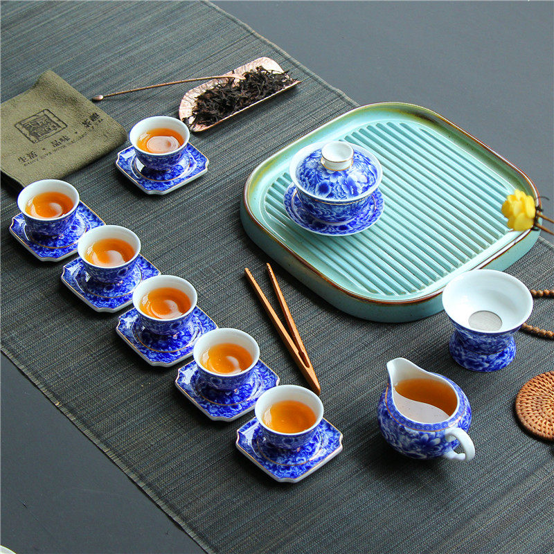 青花瓷功夫茶具高档小套装家用客厅办公室陶瓷茶壶盖碗杯洗礼盒装