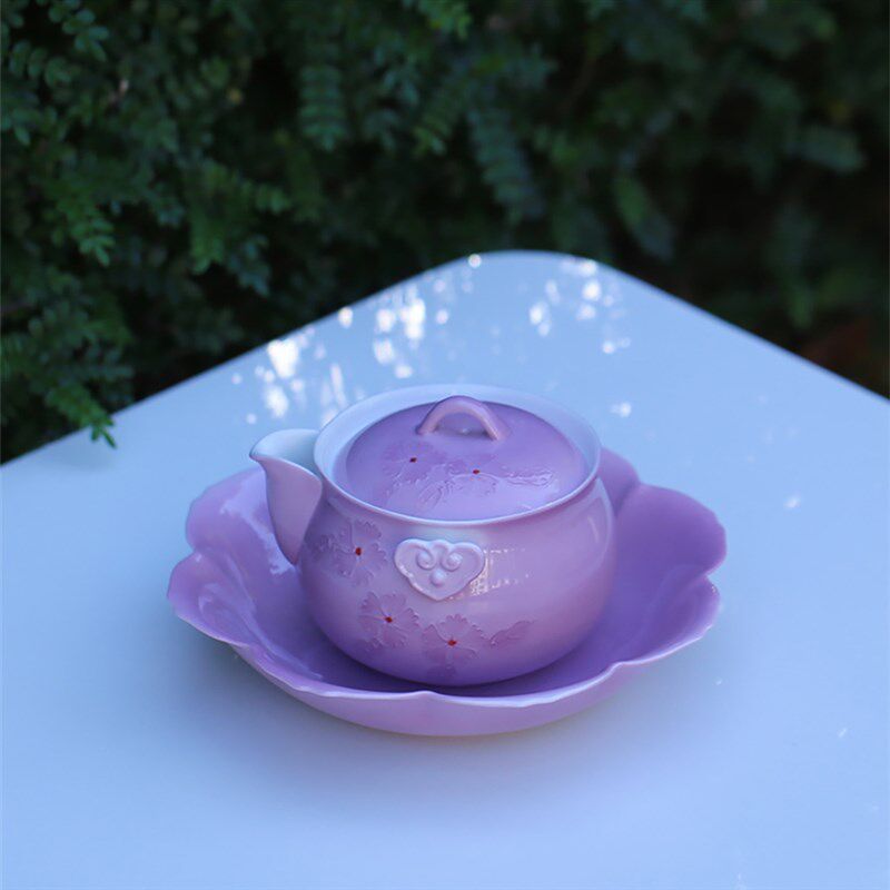 夏禾茶具现代小清新紫色茶壶有田烧工艺刻绘花纹盖碗茶杯干泡壶承