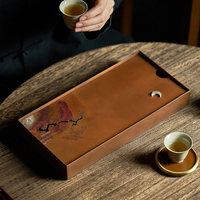 手工鎏银紫铜壶承储水式茶盘茶具托盘一壶两杯小干泡台家用沥水盘
