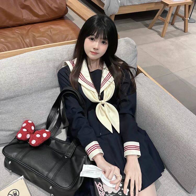 原创jk制服套装正版日系中间服基础款绀色jk水手服百褶短裙套装女