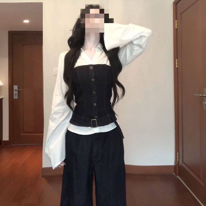 秋季早秋韩系牛仔抹胸衬衫阔腿裤穿搭套装女秋装搭配一整套高级感