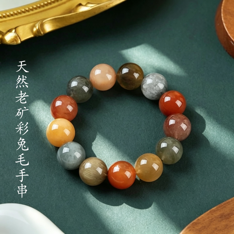 天然老矿彩兔毛手串多宝招财手链