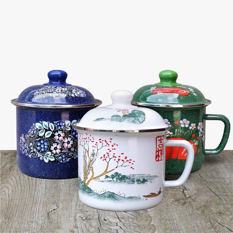 大容量搪瓷奶杯带盖泡面杯可加热快餐杯茶缸奶锅耐摔怀旧铁水杯子