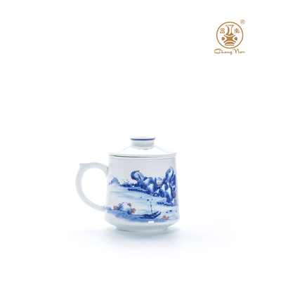 昌南陶瓷青花釉里红山水图带盖带过滤大容量高档礼品陶瓷茶杯