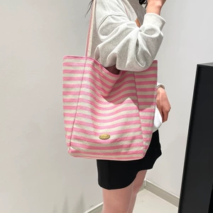 韩系条纹帆布包包女2025春夏彩色托特包大容量单肩腋下包上课通勤