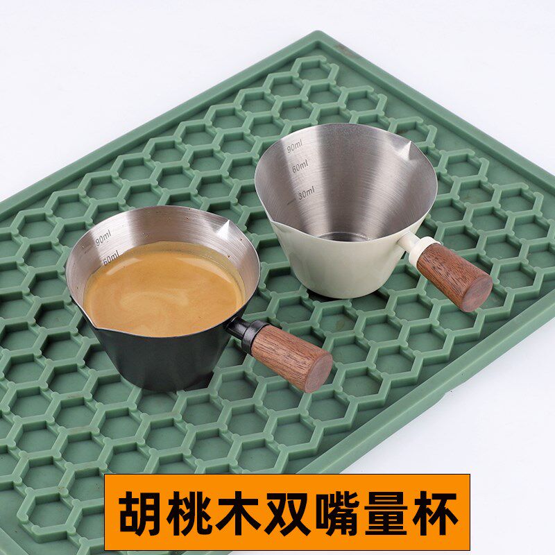 304不锈钢胡桃木柄意式浓缩咖啡杯双嘴萃取量杯带刻度盎司泽田杯