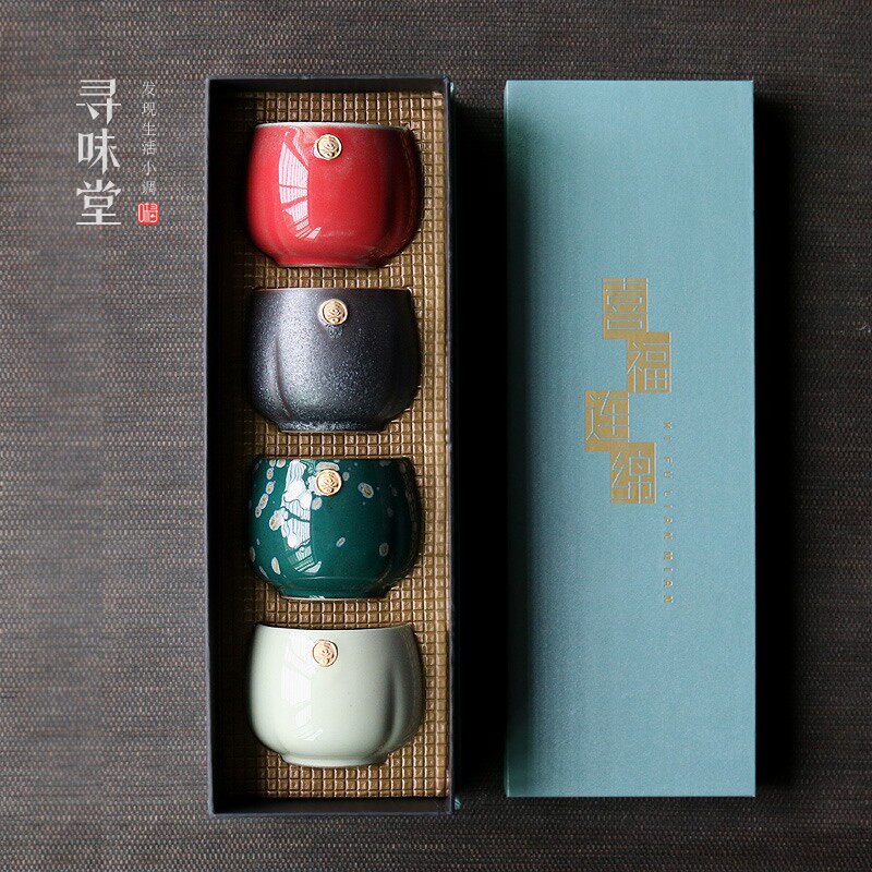 喜福连绵描金茶杯主人杯窑变粗陶杯品茗杯子复古个性家用礼盒装