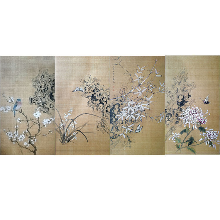 工笔画白描底稿楚彦春复古风梅兰竹菊四条屏勾线实物打印稿CY32