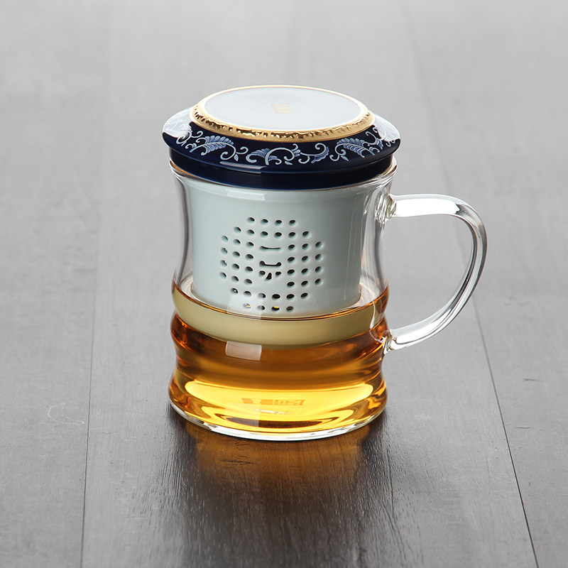 一园茶具玻璃泡茶杯茶水分离硼硅花茶红过滤网带盖子办公杯可爱水