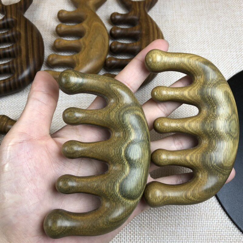 天然绿檀木按摩梳疏通经络五齿木梳圆齿按摩家用可携式防静电木梳