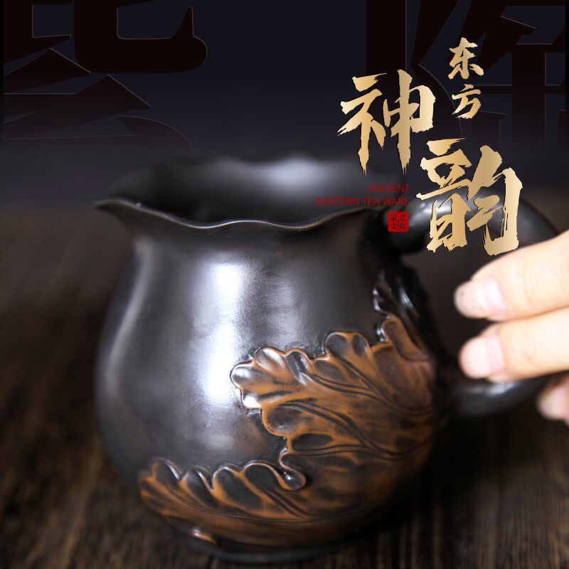 紫陶公道杯290ml浮雕壶手工雕刻茶壶堆雕功夫茶具紫砂壶手作深雕