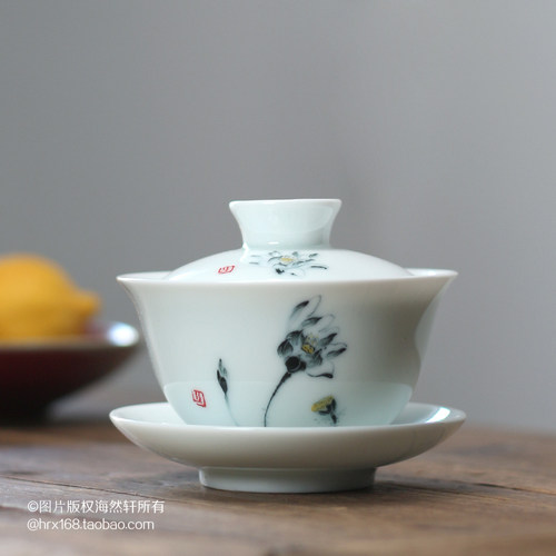 潮州功夫茶具 釉中彩莲花高脚盖碗三才杯 陶瓷单枞茶碗 功夫茶具