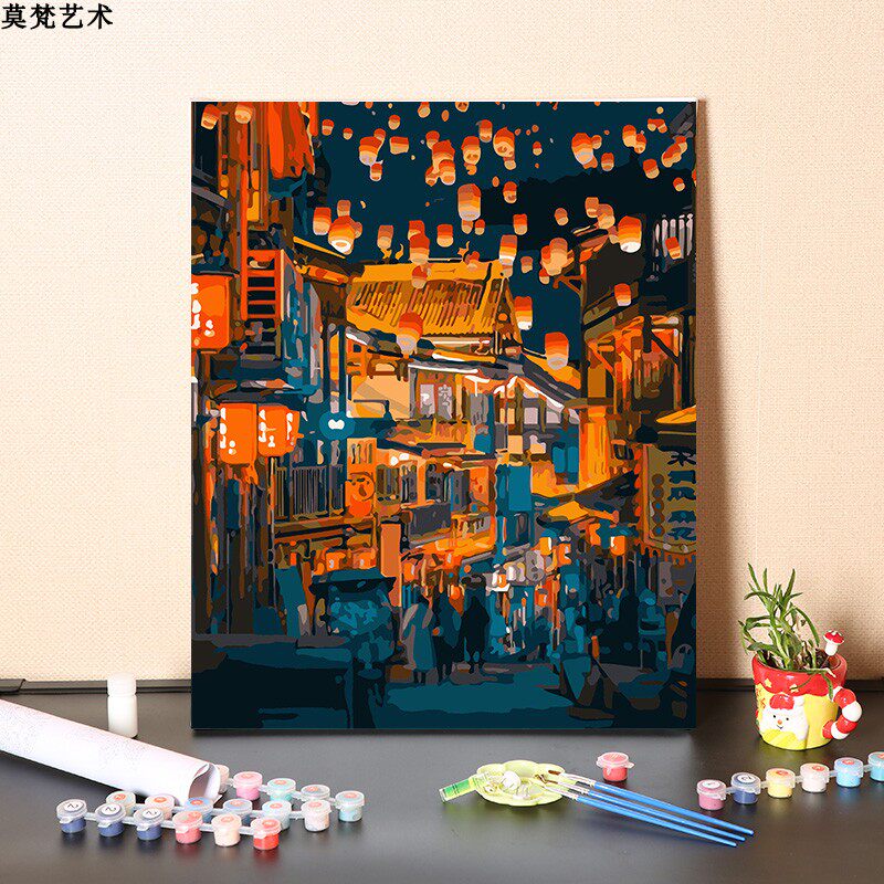 数字油画diy手工填充古代华灯夜市夜景风景画手绘涂色丙烯油彩画