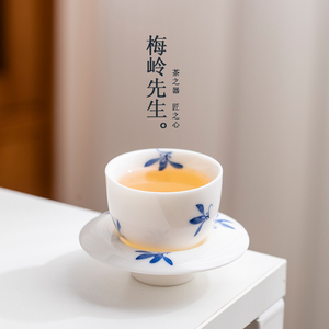 梅岭先生纯手绘蝴蝶兰花茶杯带杯垫品茗杯套杯功夫茶具主人杯单杯