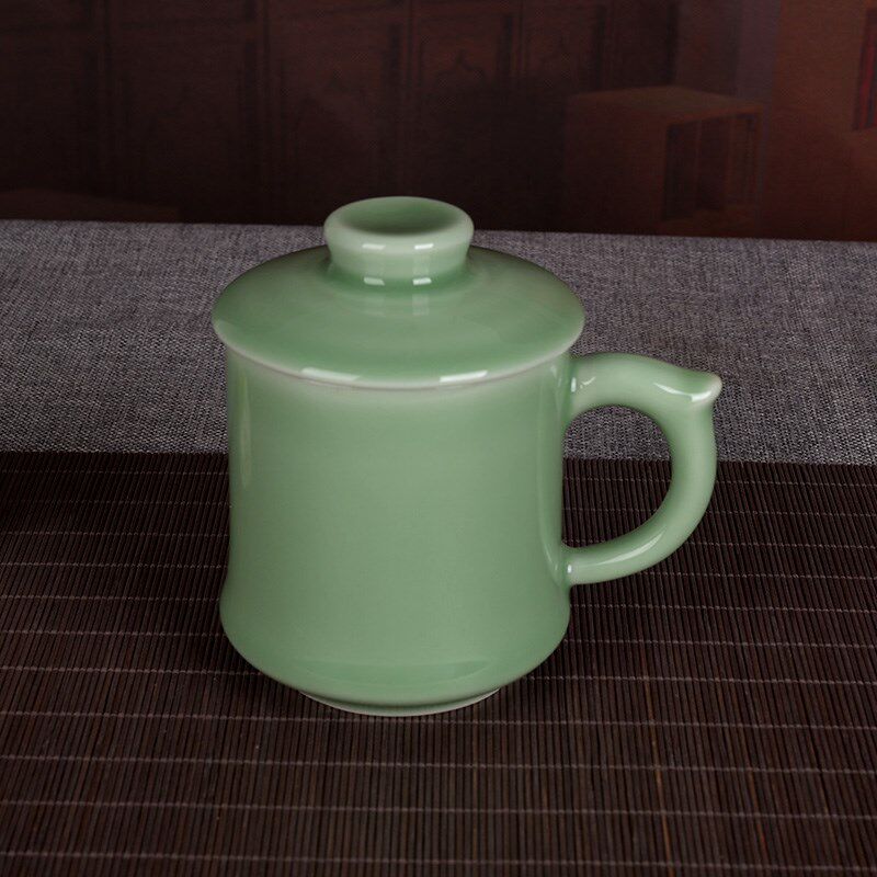 流转千年创意青瓷茶杯办公礼品杯陶瓷带盖有柄水杯泡茶杯竹型杯子