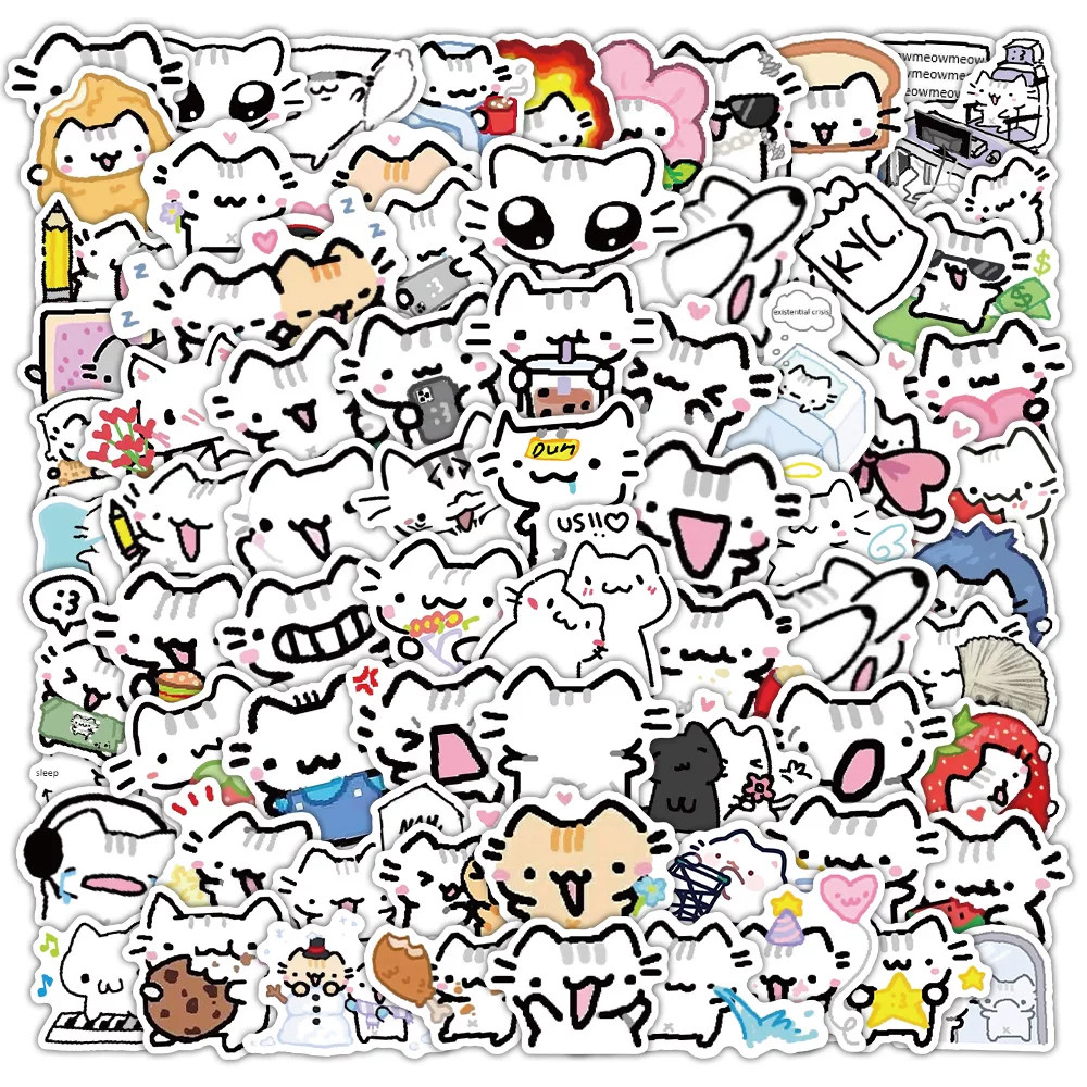 144张卡通线条小猫贴纸简约猫咪贴画图案卡通猫咪笔记本贴纸可爱动漫风装饰贴手账行李箱DIY个性贴画套装