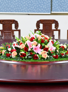 酒店餐桌转盘花大圆桌中间装饰花圆形假花摆件绿色草坪台花仿真花