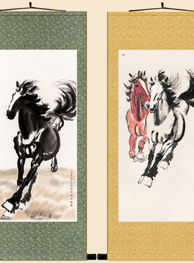 徐悲鸿平原奔马图 马到成功双马图骏马卷轴画挂画 书房客厅装饰画