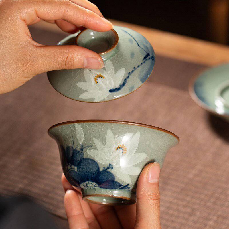 老泥料釉下彩手绘白荷花盖碗全手工三才盖碗茶杯茶具单个茶碗陶瓷