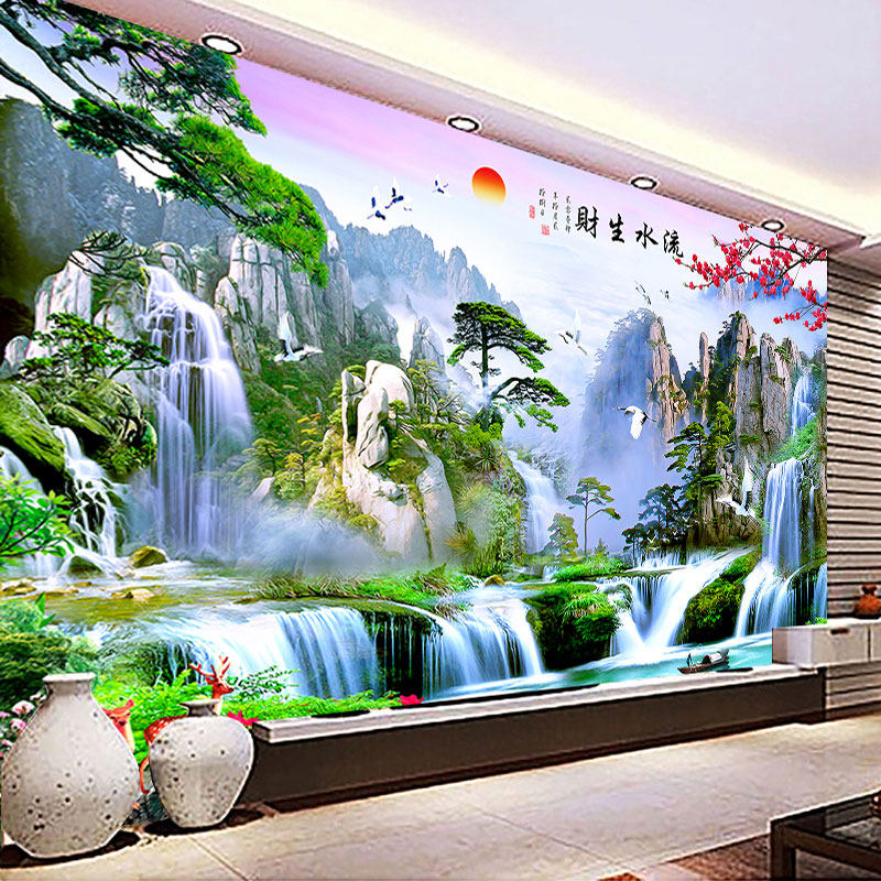 流水生财客厅电视背景墙装饰画山水画风景画挂画贴纸自粘防水贴画