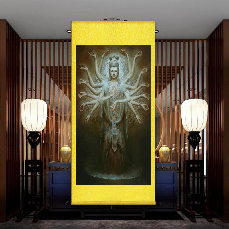 敦煌壁画仕女图挂画飞天竖琴仙女舞女油画茶馆客厅玄关装饰卷轴画