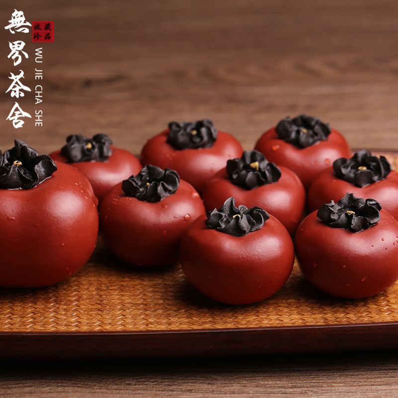 宜兴原矿紫砂柿子茶宠摆件精品可养仿真水果茶具小茶玩茶桌装饰
