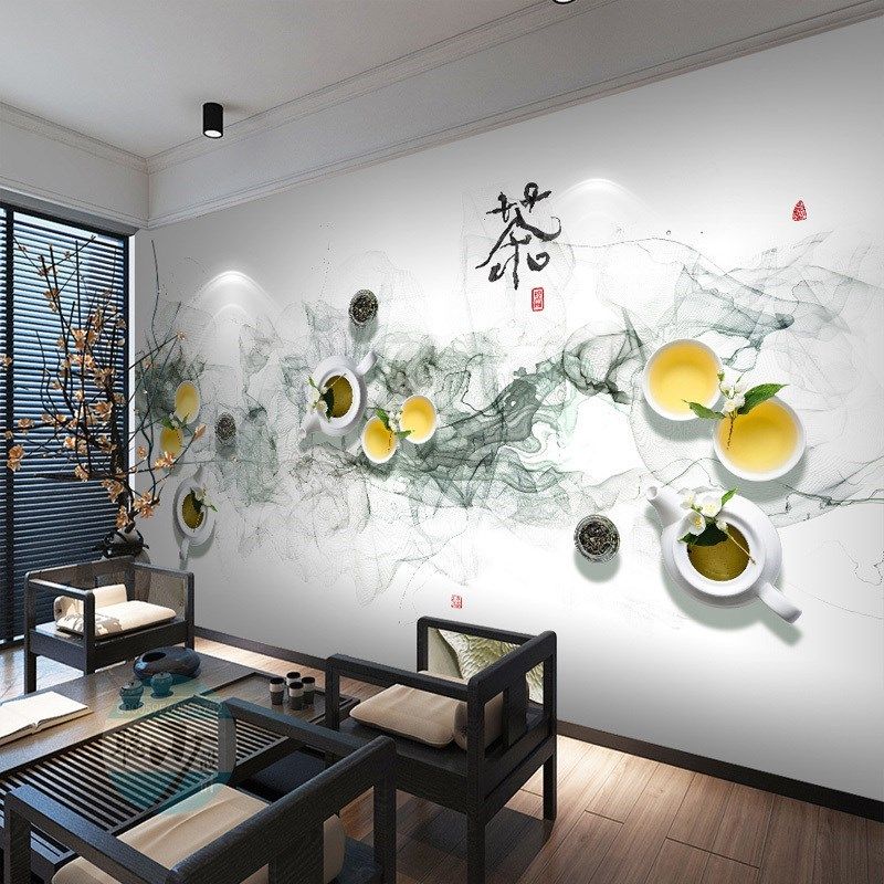 茶道茶文化背景墙纸茶馆书法挂画茶叶店装饰壁画茶室茶楼茶庄墙布