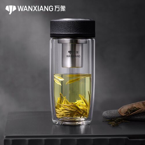 万象双层玻璃杯V17L男女士水杯车载矮胖杯办公杯过滤花茶杯子印字