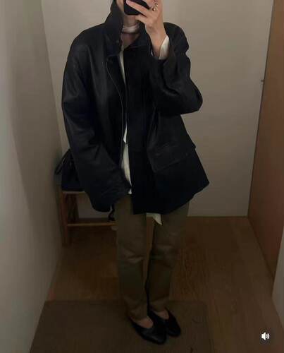 韩国品牌 MONOHA 立领 羊皮 工装夹克