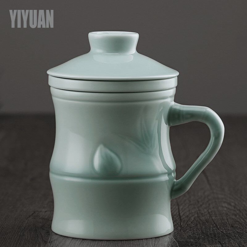 一园茶具富贵竹茶杯茶水分离办公杯家用大容量陶瓷泡茶过滤杯带盖