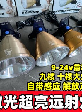9核强光超亮感应灯头12V外接电池头灯LED头戴式远射超大光斑钓鱼