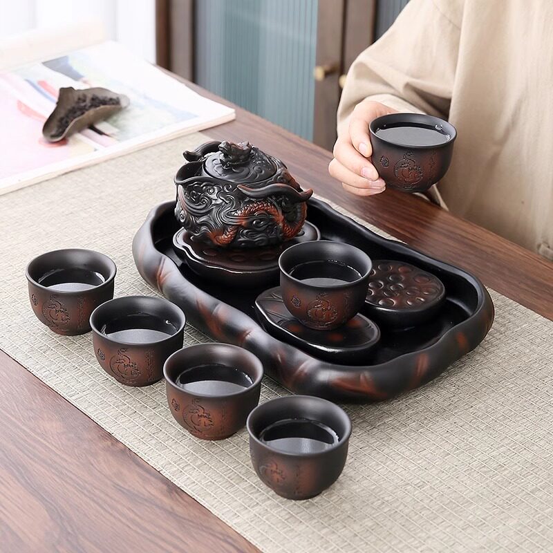 高档茶具紫陶泡茶套装家用功夫茶道整套茶盘复古风手工堆雕手抓壶
