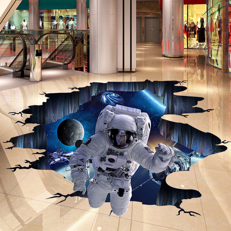 3d立体仿真地面贴纸星空宇宙宇航员地贴自粘防水耐磨装饰地板画