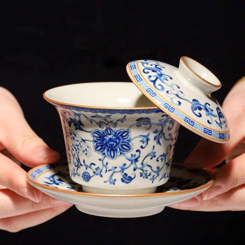 凌胜青花汝窑三才盖碗茶杯子家用功夫茶具泡茶杯大号防烫茶碗带盖