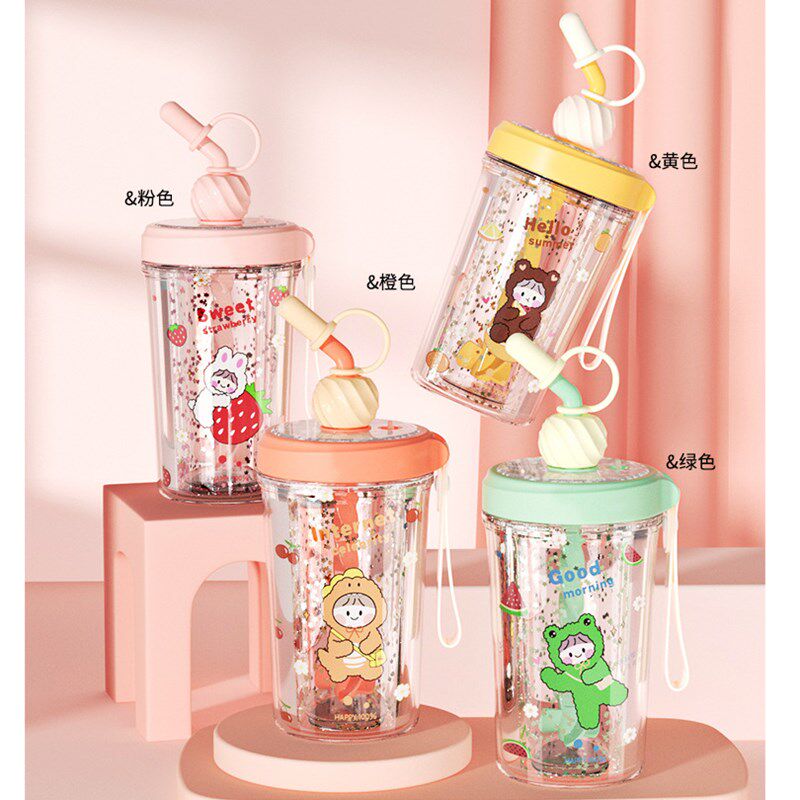 新创意朝流卡通可爱旋风吸管搅拌杯时尚双层塑料学生少女心吸管杯