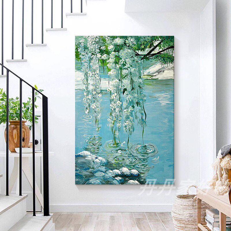 莫奈印象派手绘油画客厅抽象溪中花装饰画玄关大幅高级感肌理挂画