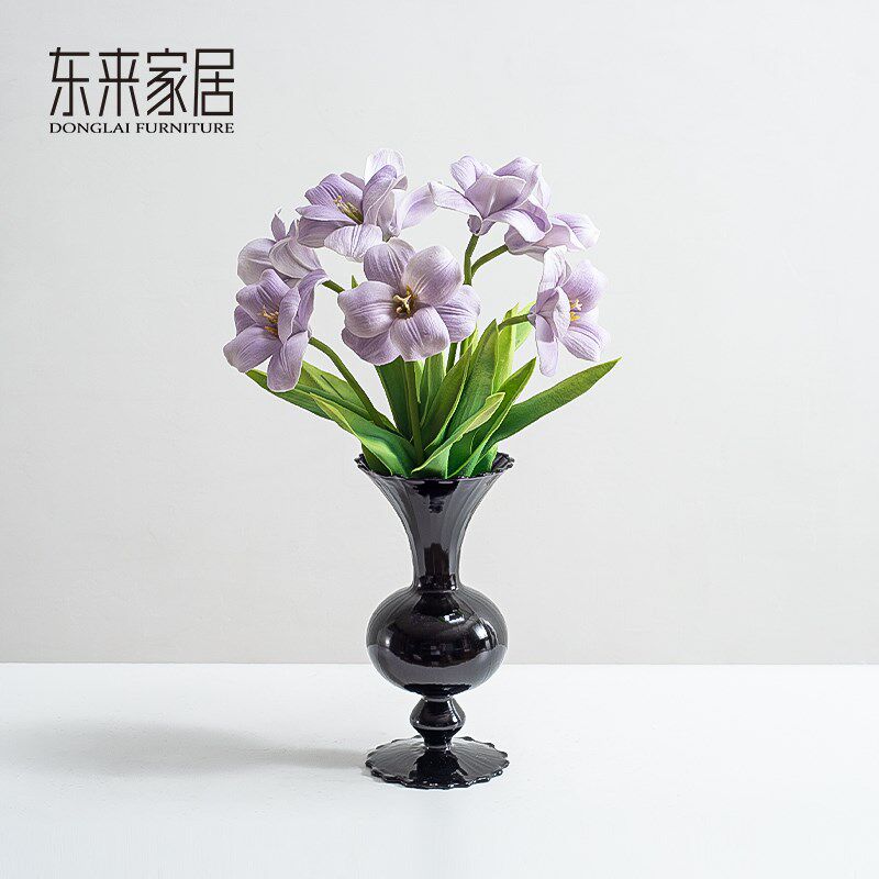 法式高级感中古风黑色玻璃花瓶摆件客厅插花餐桌仿真花装饰品摆设图片