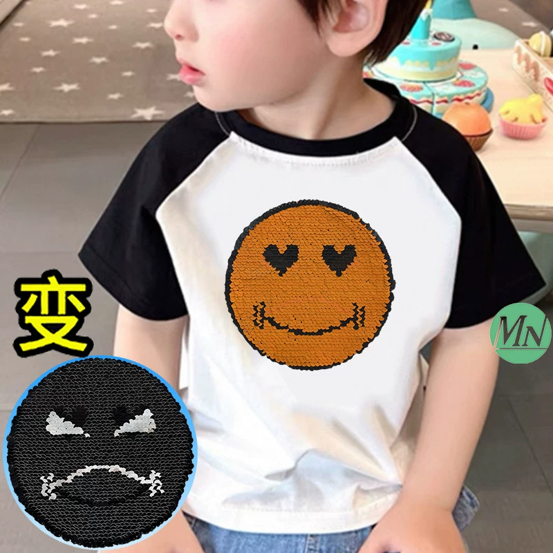 纯棉男女童笑脸亮片变色t恤儿童插肩生气变脸短袖变图案衣服表情