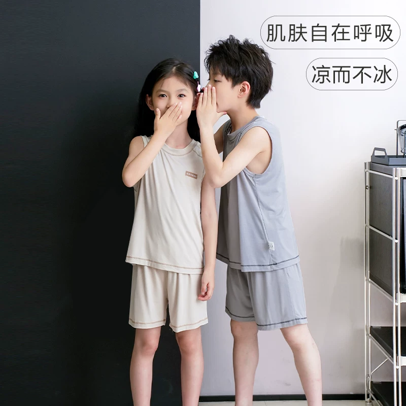 全棉纯棉儿童睡衣男童背心套装男空调服女家居服夏季薄款睡衣套装