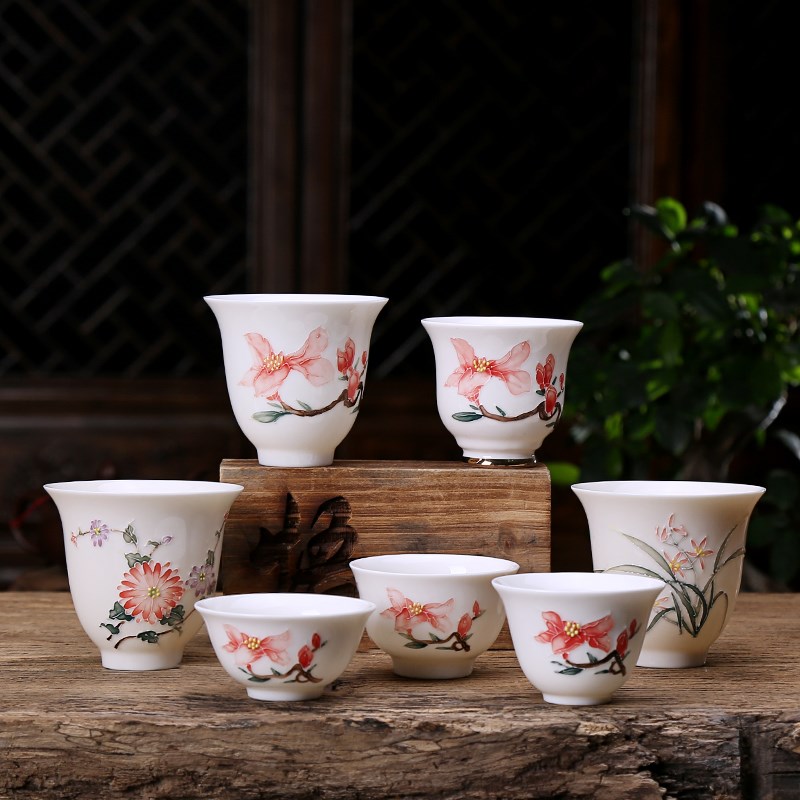 功夫茶杯品茗杯主人杯茶碗浮雕纯手工绘画玉兰花菊花陶瓷单杯茶具