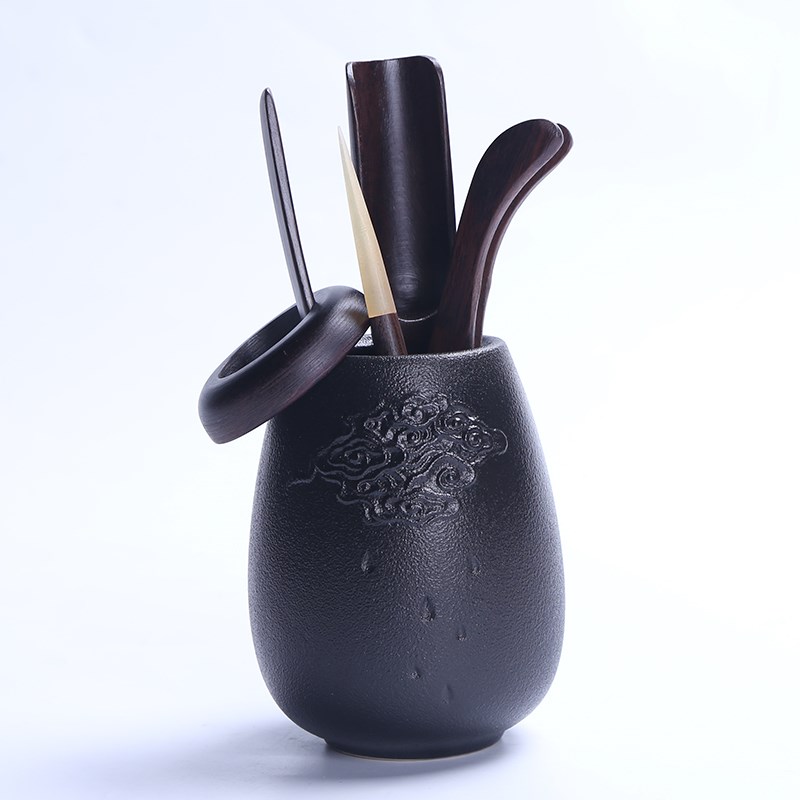 龙浔 陶瓷配件茶道六君子套装黑檀木 实木竹功夫茶具茶艺组合摆件