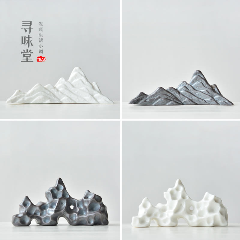 雅致陶瓷笔架白瓷远山湖石茶壶盖托盖置创意手工假山摆件茶道配件