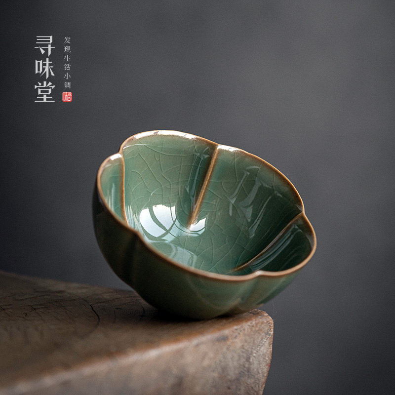 高档开片宝绿单杯复古青瓷茶杯冰裂纹品茗杯主人杯茶盏陶瓷茶具